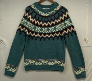 VTG Topman Sweater SMALL Teal Fair Isle Nordic WOOL BLEND Chunky Knit Pullover - Picture 1 of 17