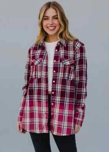 PANACHE APPAREL COMPANY BURGUNDY, ORANGE, BLACK & WHITE PLAID FLANNEL SHIRT-XL - Picture 1 of 5