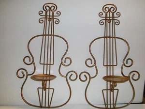 Pair of Vintage Metal Violin Shaped Wall Candle Holders Sconces - Picture 1 of 10