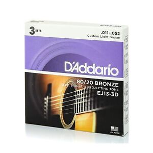 3 Sets D'Addario EJ13 80/20 Bronze Acoustic Guitar Strings Custom Light, EJ13-3D