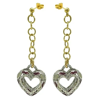 Italian 14k Two Tone Gold 3D Enamel Heart Dangling Earrings 2.8" 10.3 grams - Image 1 of 4