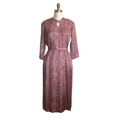 Vintage 1950s Pink Wiggle Dress | 1950s Vintage Pink & Gray Print Day Dress - Image 1 of 4