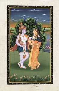 Beautiful Painting Of Radha Krishna In Love Scene Art On Silk Cloth 7x11 Inches - Picture 1 of 6
