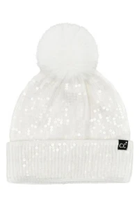 C.C Exclusive Women Winter Soft Knit All Over Shiny Star Sequin Beanie Pom Hat - Picture 1 of 10