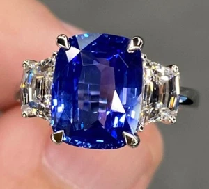 Blue Sapphire Ring 1.12 Carat Lab Created Diamond Solid 18K White Gold - Picture 1 of 9