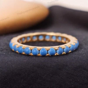 925 Sterling Silver 2.5 mm Round Shape Natural Turquoise Band Full Eternity - Picture 1 of 6