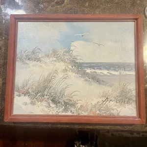 Vintage Gemälde auf Leinwand - Stranddünen Ozean - SIGNIERT - 9,5 x 11,5" - Bild 1 von 7