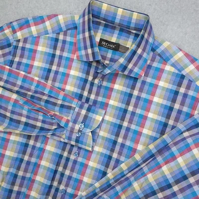 St Croix Dress Shirt Mens Large Blue Plaid Button Down Made in Italy 100% Cotton - Image 1 of 4