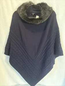 Talbots Cable Knit Poncho Faux Fur Neck Cape Sweater Navy Medium NWT - Picture 1 of 5