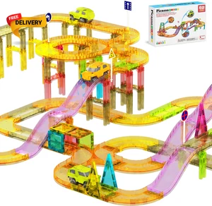 60pc Magnetic Tile Race Car Track Set STEM Building Blocks for Kids Age 3 Plus - Picture 1 of 8