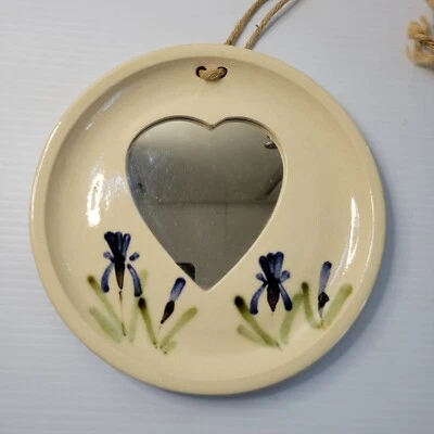 Art Pottery Hand Painted Blue Iris Flowers Accent Wall Heart Mirror 8 Inch - Image 1 of 4