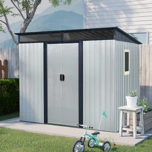 8x6 FT Outdoor Metal Storage Shed with Window & Sliding Doors Galvanized Steel - Picture 1 of 8
