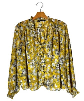 Camisa Zara Mujer Pequeña Amarilla Estampado Floral Jacquard Volantes Frontal Blusa Boho Foto 1 de 4