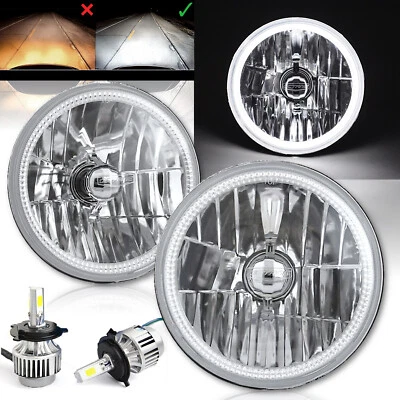 7" White SMD LED Halo Angel Eye Crystal Clear Headlight & H4 6500k LED Bulb Pair - Image 1 of 4