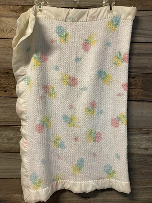 Vintage Thermal Baby Blanket Waffle Weave Satin Trim 48 X 35” Roses Flowers - Image 1 of 4