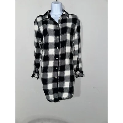 Victoria's Secret Plaid Flannel Button Down Sleep Shirt Dress, Black White Sz M - Image 1 of 4