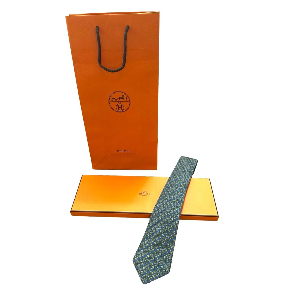 Auténtica corbata HERMES Paris para hombre 100 % seda azul verde caballo ecuestre 7238 EA Foto 1 de 4