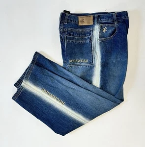 Vintage RocaWear Jeans Women Sz 14 Blue Bleach Stripe Logo 90s Y2k - Picture 1 of 15