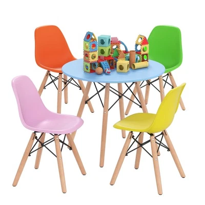 Juego de 5 sillas de mesa redonda de color moderno de mediados de siglo para niños con 4 sillas sin brazos Foto 1 de 4