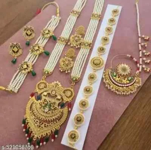 Vergoldete Jhumka Ohrringe Indischer Bollywood Choker Halskette Set Brautschmuck - Bild 1 von 5