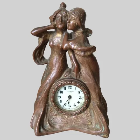 Antique Art Nouveau Desk Clock Two Ladies in Gowns Signed "New Haven, U.S.A." Cover