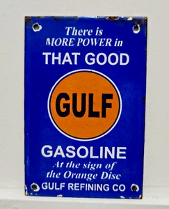 VINTAGE GULF GASOLINE PORCELAIN ENAMEL METAL SIGN SIZE "6 x 4" - Picture 1 of 6