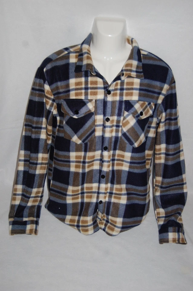 Mens L/S Shirt SOFT FLEECE Button Front BLUE NAVY BEIGE PLAID Size M L XL  - Image 1 of 1