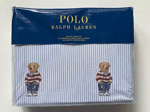 NEW BLUE RALPH Lauren FULL FLAT FITTED SHEET Set Pillowcases POLO BEAR Stripe - Picture 1 of 7