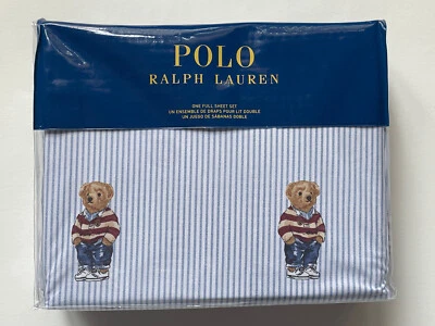 NEW BLUE RALPH Lauren FULL FLAT FITTED SHEET Set Pillowcases POLO BEAR Stripe - Image 1 of 4