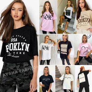 Womens T Shirt Ladies Oversized Baggy Fit Short Sleeve Slogan T-shirt Tee Tops - Picture 1 of 37