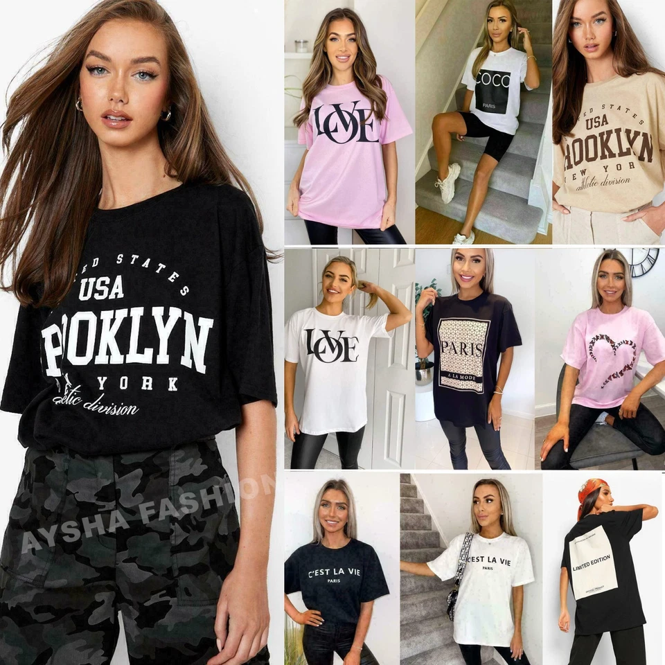 Womens T Shirt Ladies Oversized Baggy Fit Short Sleeve Slogan T-shirt Tee Tops - Image 1 of 1