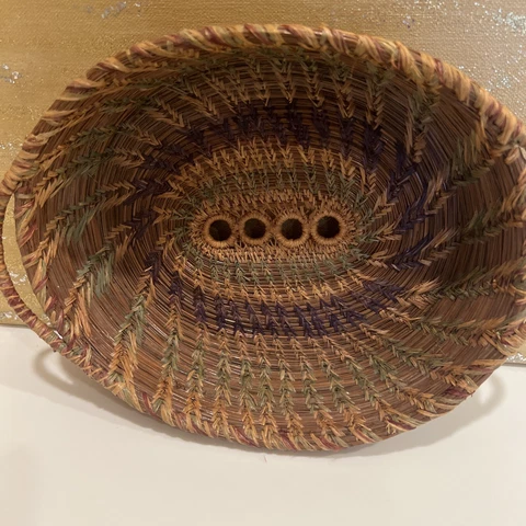 Vintage Handmade Pine Needle Basket Woven Coiled Folk Art 10” Cover