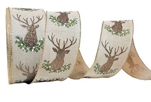 2.5" x 50 Yds Wired MEGA ROLL Christmas Ribbon Glitter Reindeer Natural Colored - Picture 1 of 1