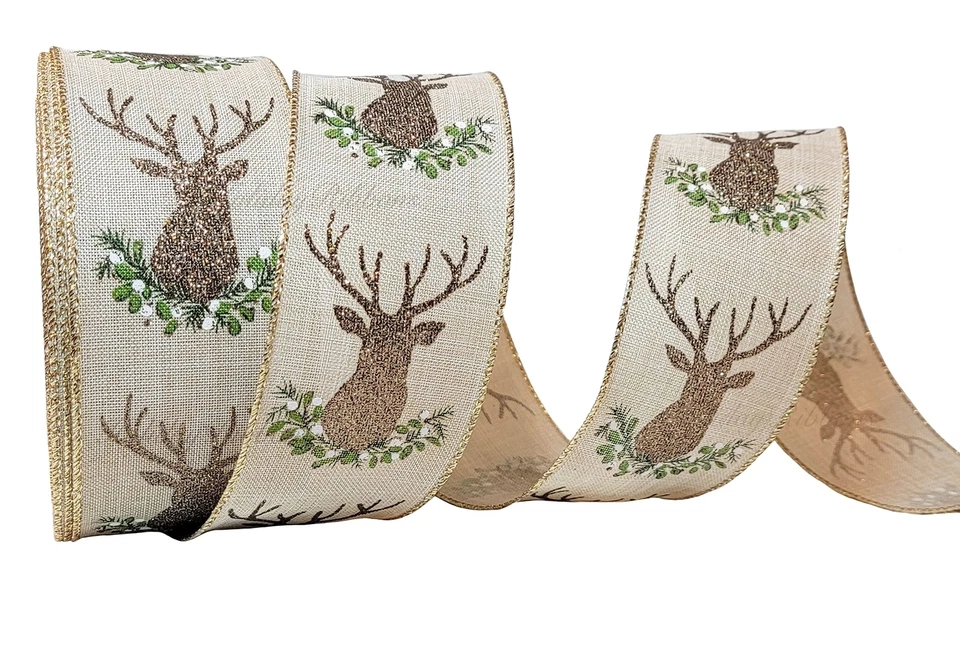 2.5" x 50 Yds Wired MEGA ROLL Christmas Ribbon Glitter Reindeer Natural Colored - Image 1 of 1