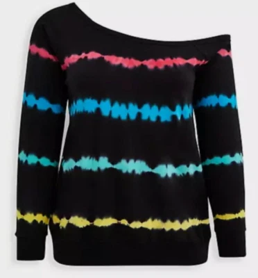 Torrid Callie Sweatshirt Size 0 Large Black Rainbow Stripe Tie Dye Off Shoulder - Image 1 of 4