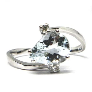18K WHITE GOLD BAND RING AQUAMARINE 1.60 DROP CUT & DIAMONDS - Picture 1 of 7