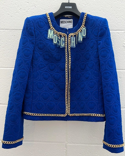 $1500 SS21 Moschino Couture Jeremy Scott BlueBlazer AllOver cucito faccina sorridente