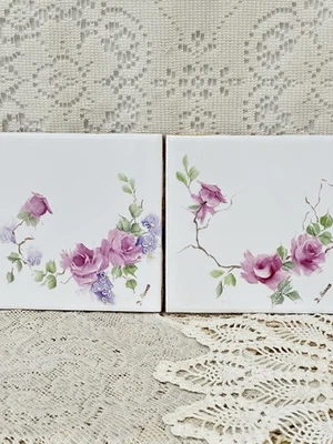 Azulejo pintado a mano Trivets Hot Pad 4 1/2 X 4 1/2 Shabby De colección Inspirado Rosas Rosas Foto 1 de 4