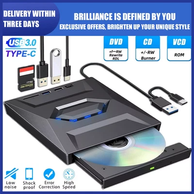 PC Laptop Unidad de CD DVD Externa USB 3.0 Grabadora Grabadora Reproductor para Windows 11/10 Foto 1 de 4