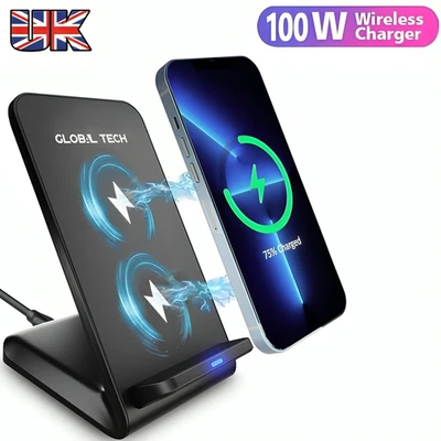 100W Fast Wireless Charger Stand Dock For Apple iPhone Samsung Android Phone UK - Image 1 of 4