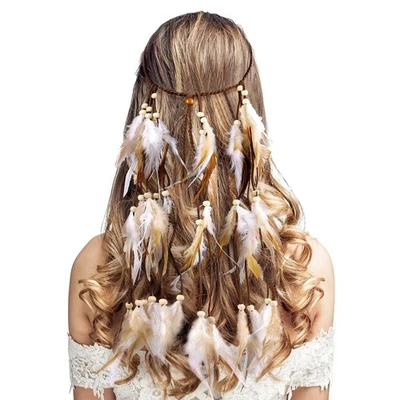 Tiaras de penas boho para mulheres indianas ciganas emplumadas anos 70 hippie - Imagem 1 de 4