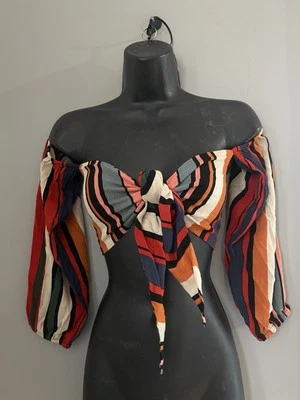 Olivaceous Multi-coloured striped off the shoulder crop top #stripedtop size M - Image 1 of 4