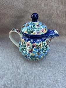 Polish Pottery Teapot UNIKAT 2010 G.K. 47 Kedzierska Poland Blues floral Estate - Bild 1 von 8