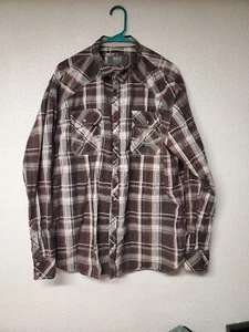 Mens Long Sleeve Snap Button Up Brown & White Plaid Shirt By BKE - Size XXL - Picture 1 of 7