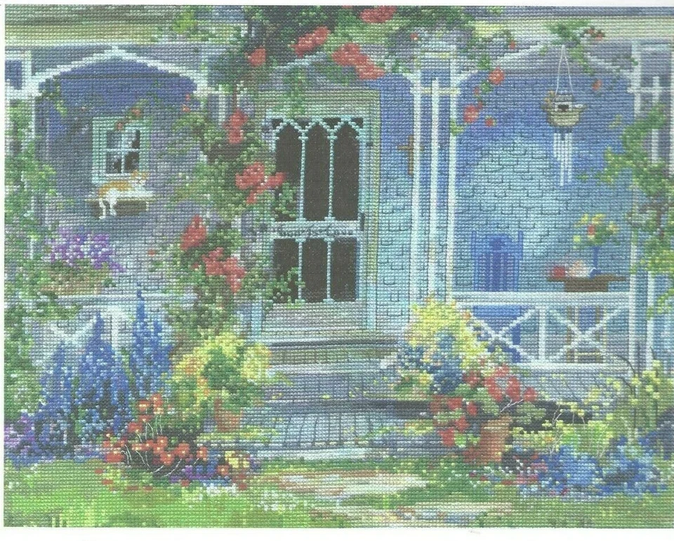 PARSON'S PORCH--Marty Bell--Flowers--Cat in Window--Counted Cross Stitch Pattern - Image 1 of 1