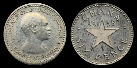 1958 Ghana Six Pence Proof Coin, Kwame Nkrumah, Star Outline Cover