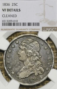 1836 25C NGC VF Details Massive Die Crack Capped Bust Quarter Terminal Die State - Picture 1 of 3