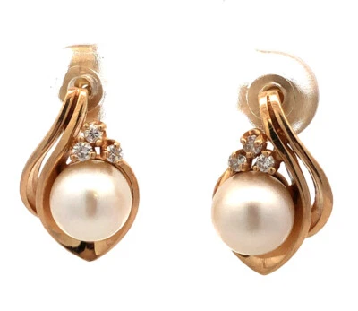 Vintage 14K Yellow Gold Cream Pearl Diamond Accent Modernist Drop Earrings - Image 1 of 4