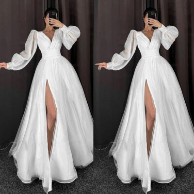 Boho Organza Wedding Dresses with Side Split Long Sleeves V Neck Bridal Gowns - Image 1 of 4