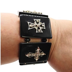 Womens Chunky Silver Tone Rhinestone Cross Bracelet Goth Religious Edgy Biker - Picture 1 of 3